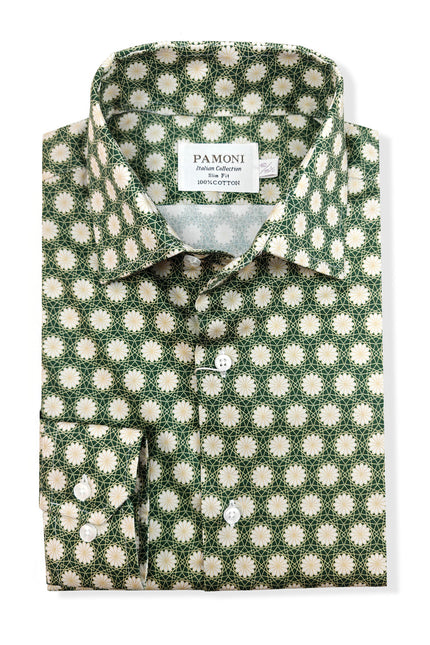 Green Geometric Floral Print Slim Fit Shirt