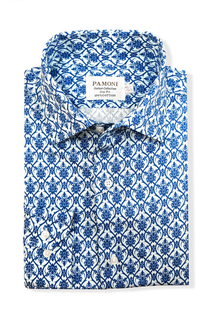 Men’s Blue Floral Tile Print Slim Fit Cotton Shirt