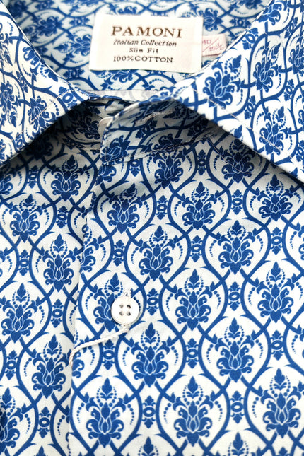 Men’s Blue Floral Tile Print Slim Fit Cotton Shirt