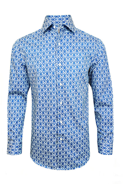 Men’s Blue Floral Tile Print Slim Fit Cotton Shirt