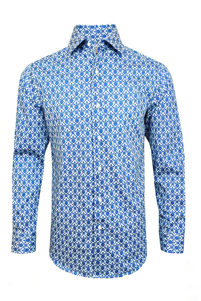 Men’s Blue Floral Tile Print Slim Fit Cotton Shirt