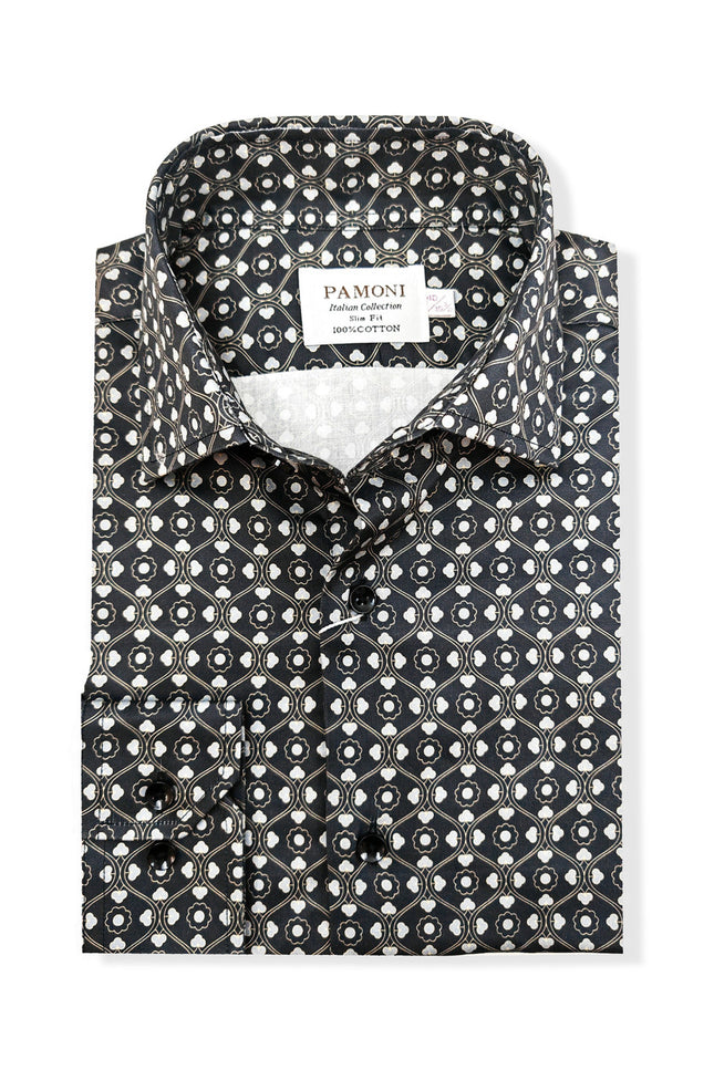 Men’s Black & White Geometric Print Slim Fit Shirt – 100% Cotton