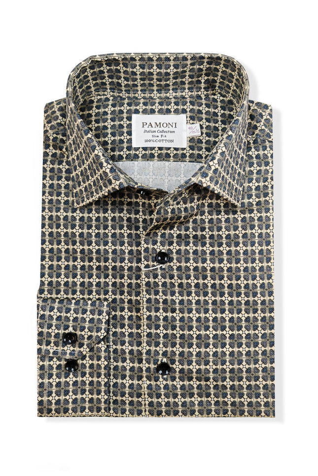 Men’s Beige & Navy Geometric Print Slim Fit Shirt
