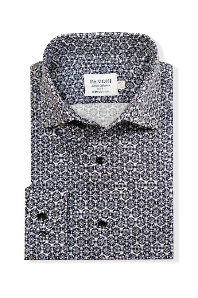 Men’s Navy & White Micro Floral Print Slim Fit Shirt