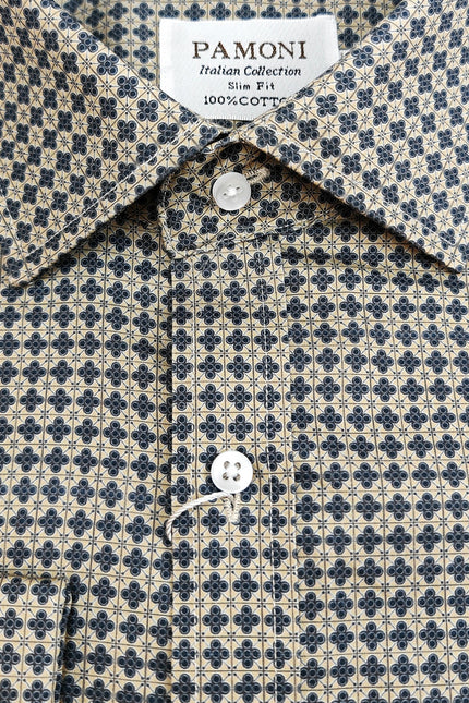 Men’s Beige & Navy Geometric Print Slim Fit Shirt – Double Cuffs