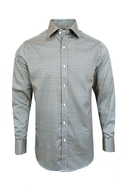 Men’s Beige & Navy Geometric Print Slim Fit Shirt – Double Cuffs