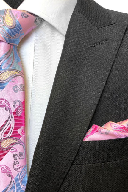 Pink & Blue Paisley Pocket Square On Model