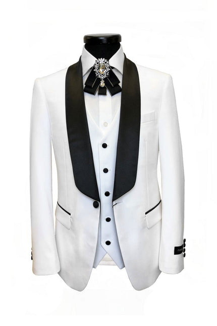 White 3-Piece Tuxedo with Black Shawl Lapel