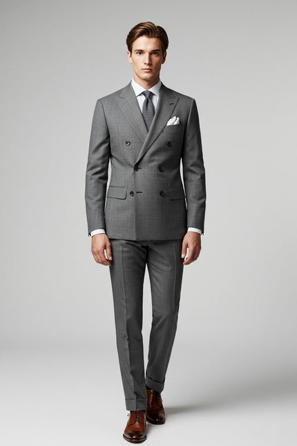 Men’s Grey Double-Breasted Wool Blend Suit