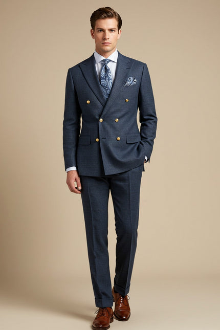 Men's Navy Double-Breasted Suit With Gold-Tone Buttons
