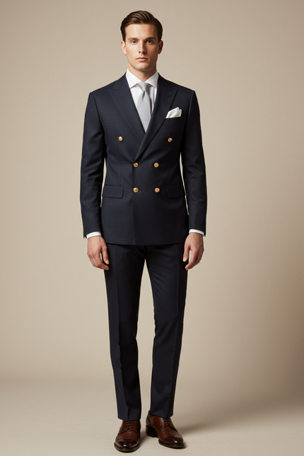 Dark Navy Double Breasted Suit with Gold Button