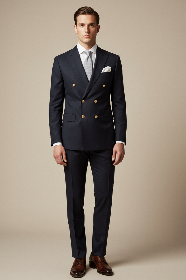 Dark Navy Double Breasted Suit with Gold Button