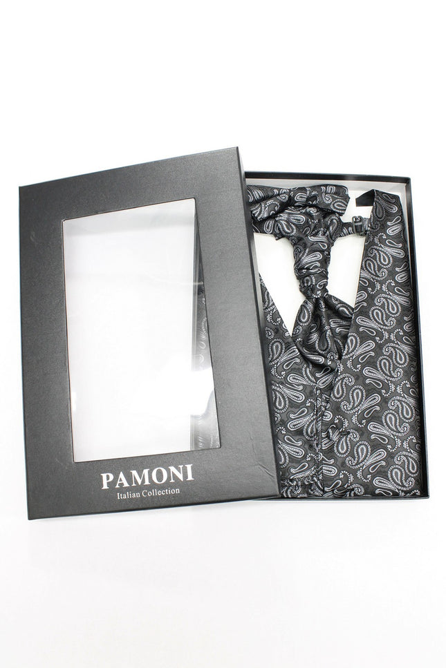 Dark grey paisley waistcoat & cravat set in presentation box