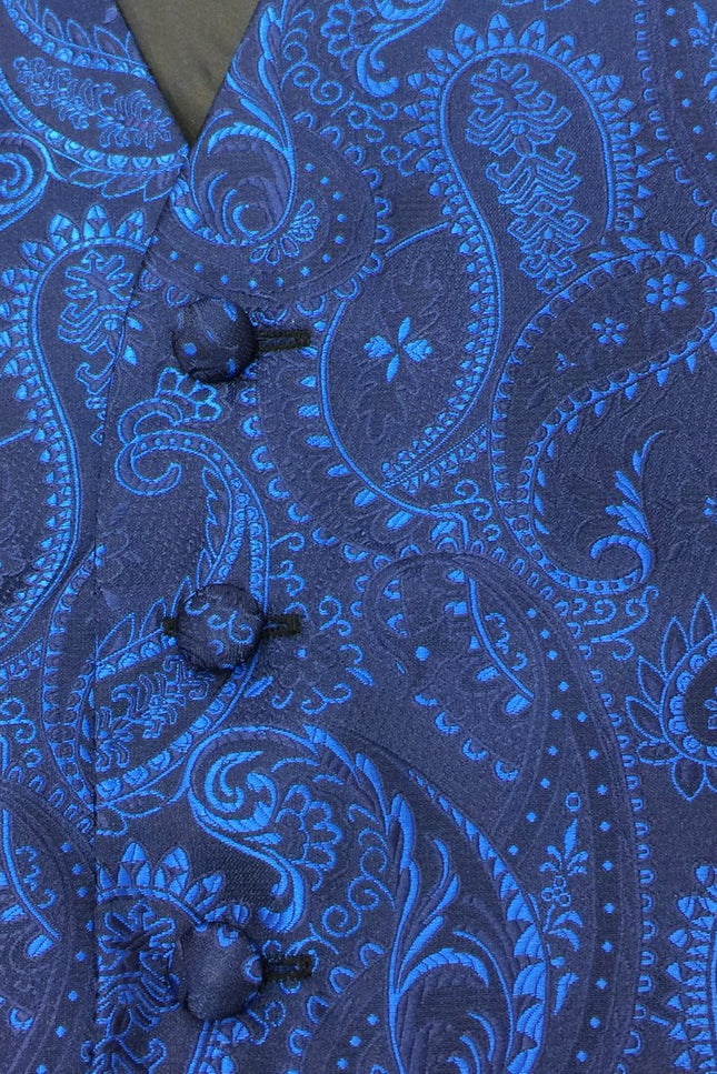 Close up of the navy paisley design