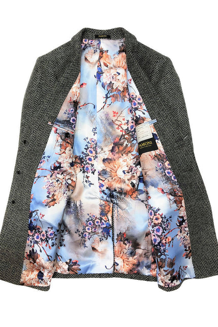 Grey herringbone slim fit coat  with spring floral lining - Pamoni