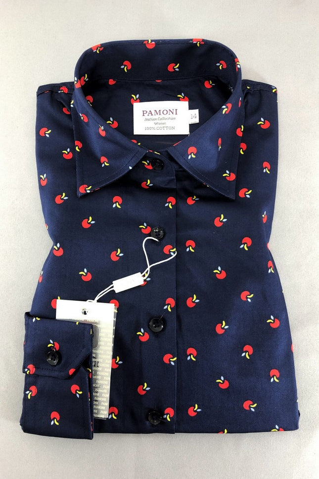Navy Apple Print Fitted Shirt