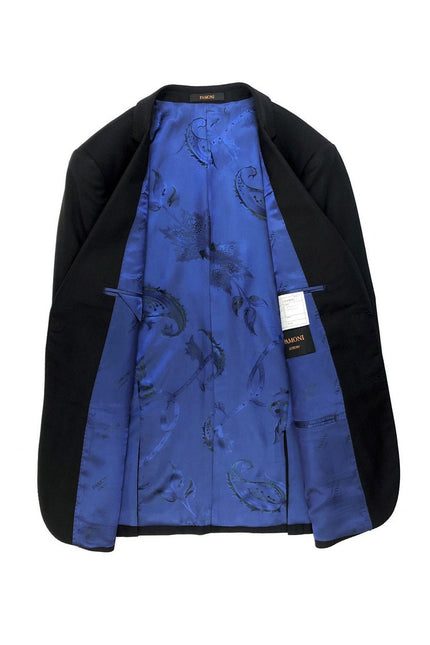 Black herringbone blazer with blue paisley inside lining- Pamoni